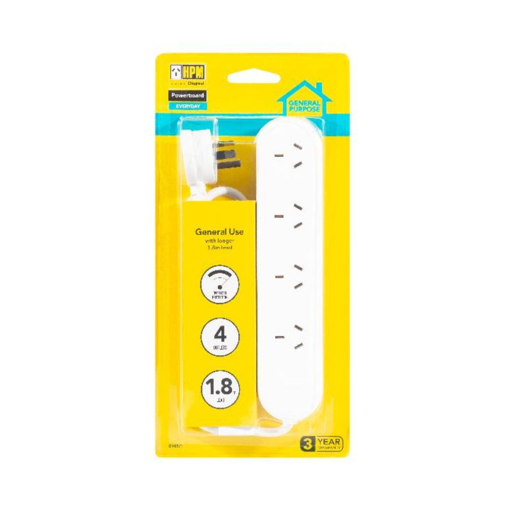HPM General Purpose 4 Outlet Powerboard White