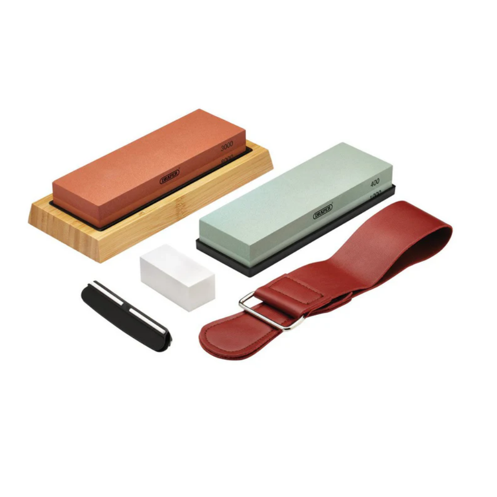 Draper Tools Whetstone Sharpening Stone Set with Non-Slip Base & Angle Guide
