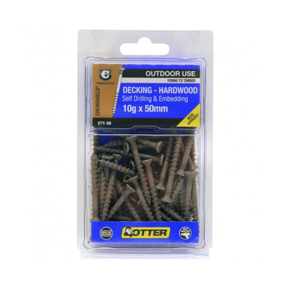 Otter Decking Screws for Hardwood Self-Drilling, Chemshield - 10g x 50 & 63mm - 50 Pack