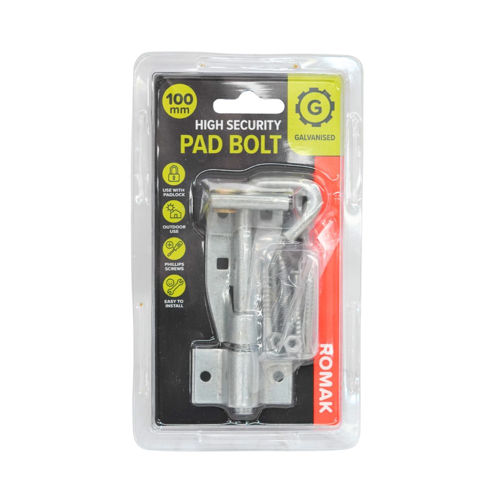 Romak Security Padbolt 12mm x 100mm & 150mm Galvanised Security Locking Bolt for Gates