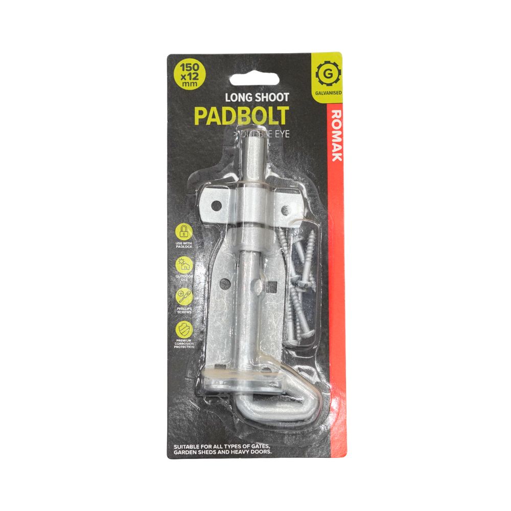 Romak Security Padbolt 12mm x 100mm & 150mm Galvanised Security Locking Bolt for Gates