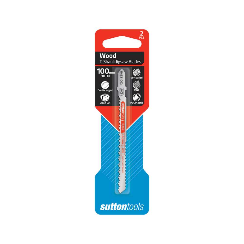 Sutton H433 T-Shank Jigsaw HCS Blades Wood Curved Clean Cut, Double Edged 2PK (100mmx10TPI)