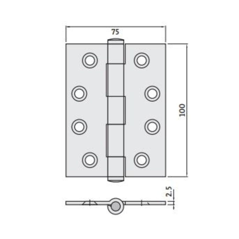 Butt 100 x 75 x 2.5mm BT Fixed Pin Black Bagged/Screws