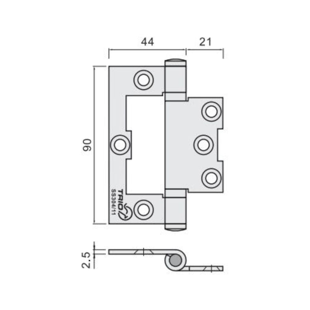 Trio Hinges Non Mort Stainless Steell Fixed Pin 90x65x2.5mm