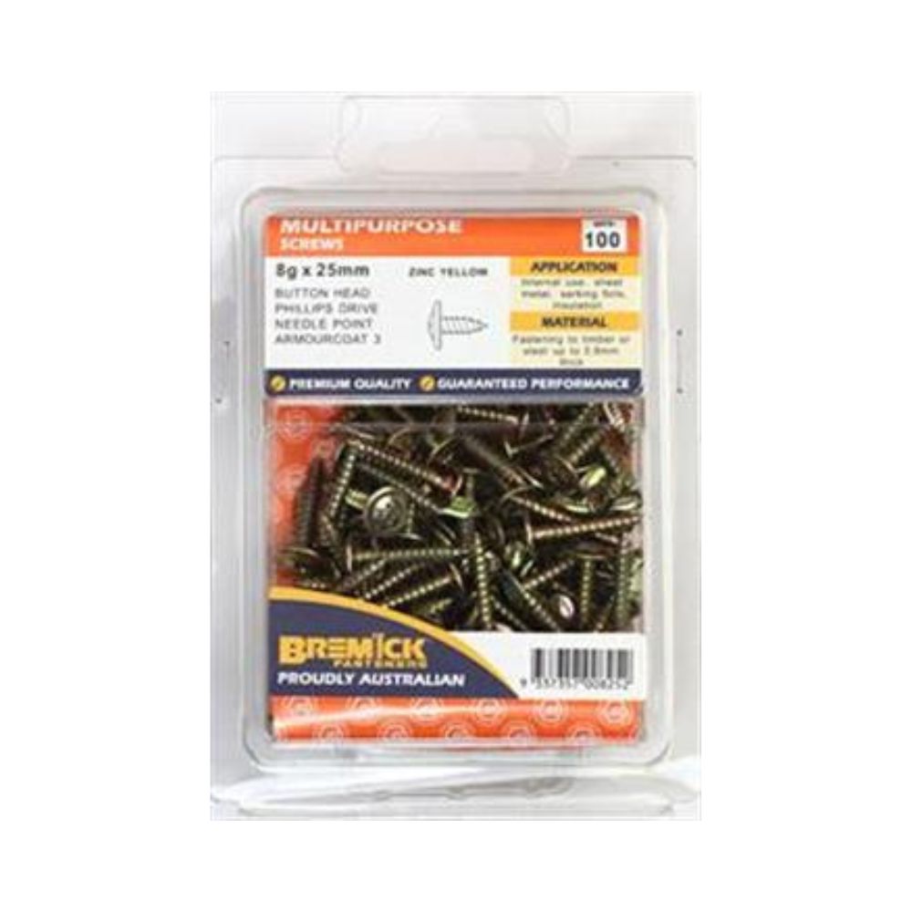 Bremick Screw Button Head Needle Point Zinc Plated 8g - 15mm, 25mm, 30mm - 100 Pack