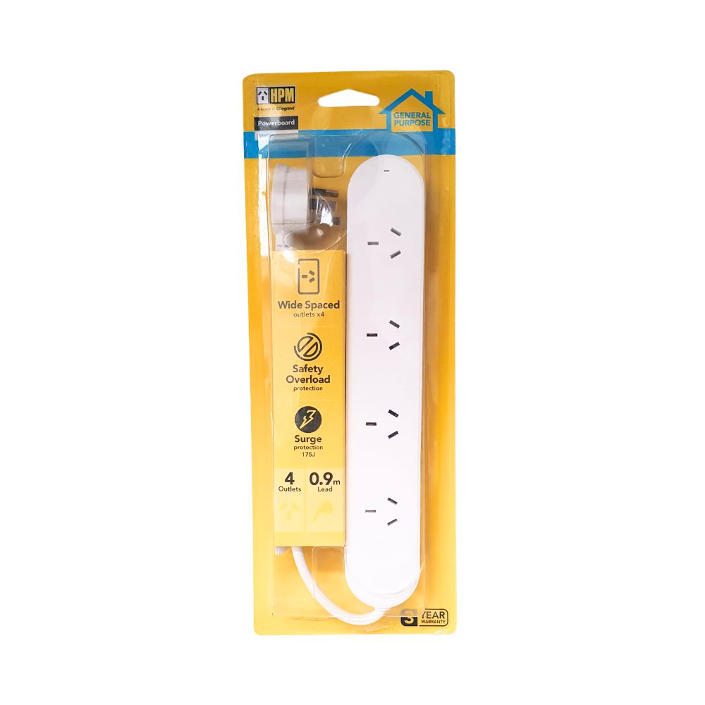 HPM Standard 4 Outlet 175J Surge Protected Wide Spaced Powerboard White