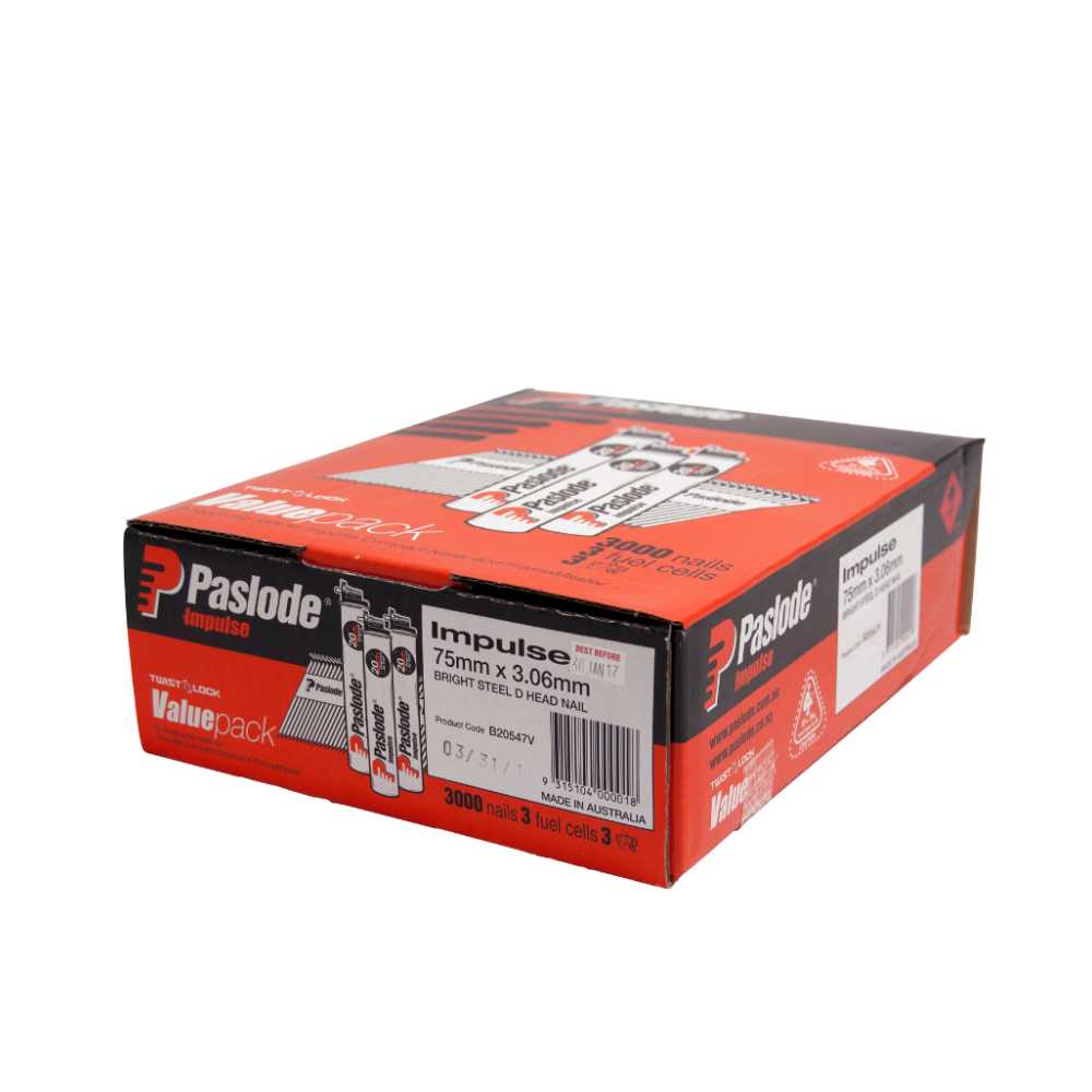 Paslode 75mm Bright Framing Nails with Gas Box 3000