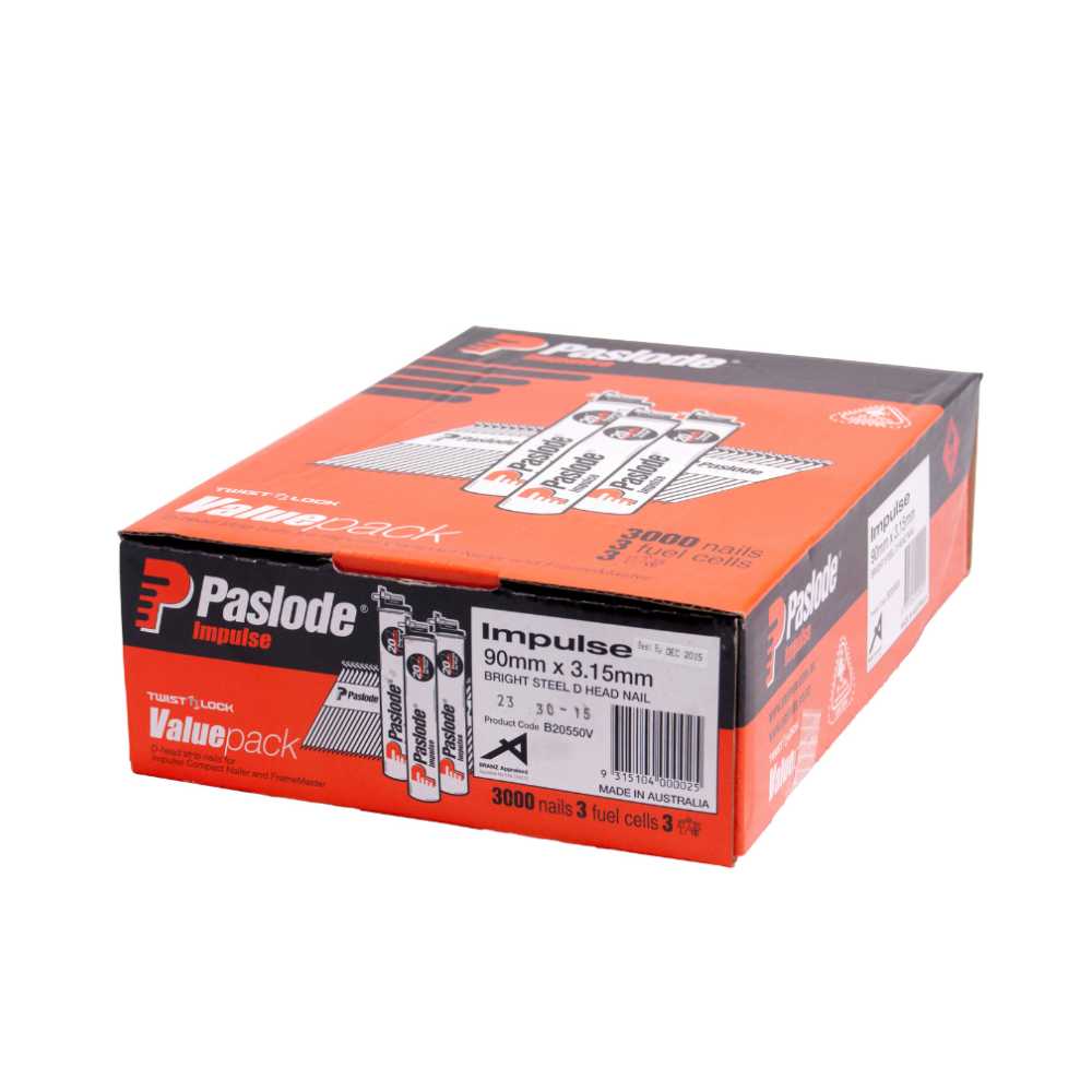 Paslode 90mm Bright Framing Nails with Gas Box 3000