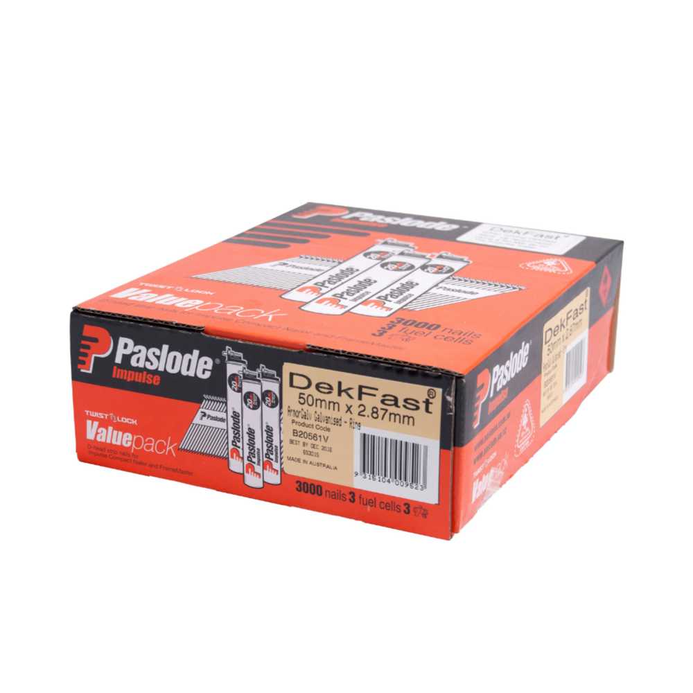 Paslode 50mm Hot Dip Galvanised DekFast Ring Shank Framing Nails with Gas Box 3000