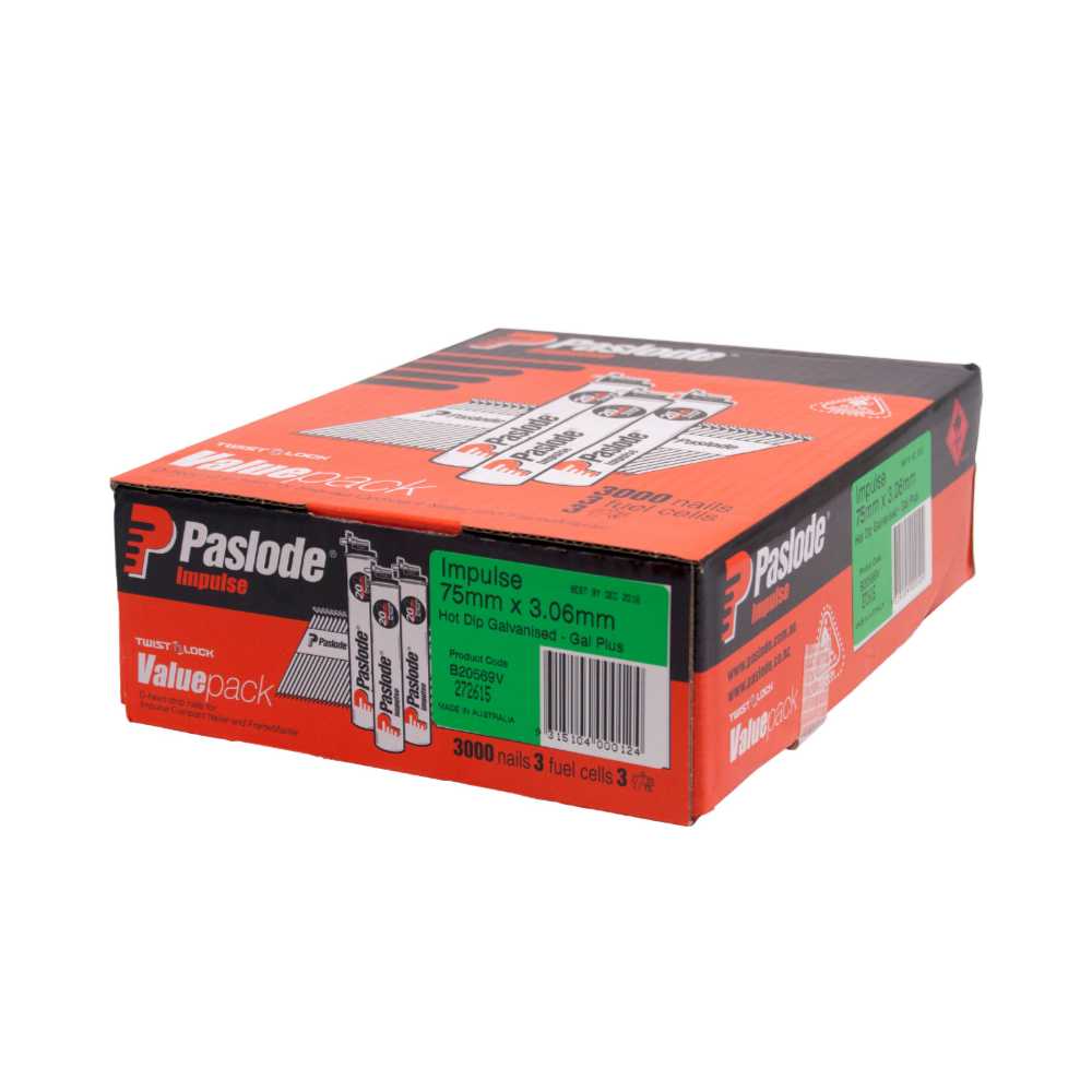 Paslode 75mm Hot Dip Galvanised Framing Nails with Gas Box 3000