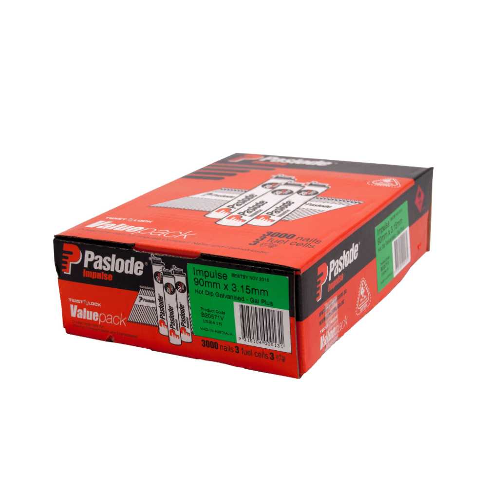 Paslode 90mm Hot Dip Galvanised Framing Nails with Gas Box 1000