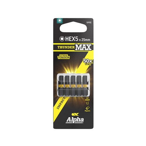 Alpha ThunderMax HEX5 Impact Power Bit Carded - 5 Pack