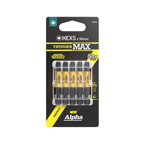 Alpha ThunderMax HEX5 Impact Power Bit Carded - 5 Pack