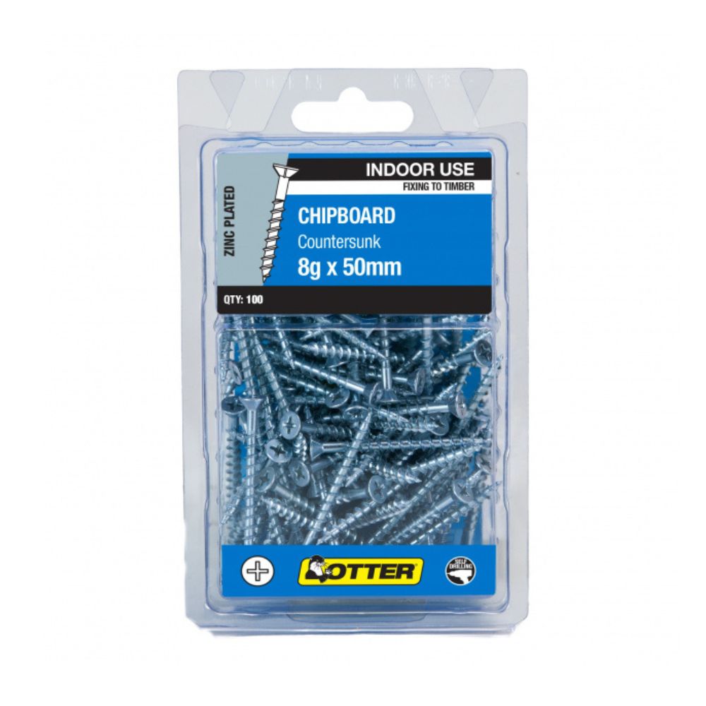 Otter Screws Chipboard Zinc PL 8GX40M, Zinc - Pack of 100