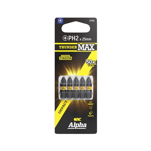Alpha ThunderMax PH2 x 25mm Impact Insert Bit Carded - 5 Pack