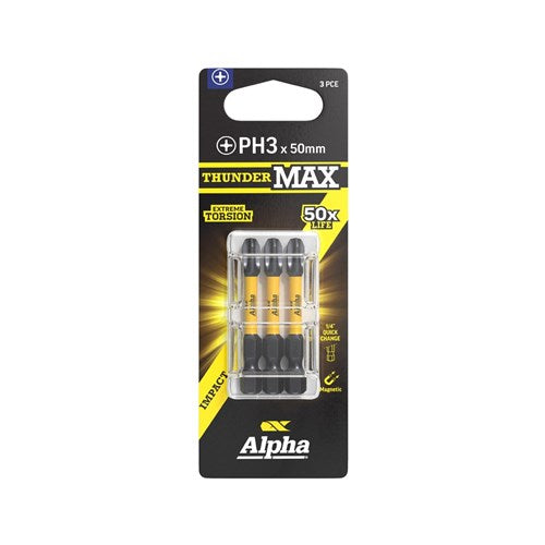 Alpha ThunderMax 50mm Impact Power Bit Carded - 3 Pack