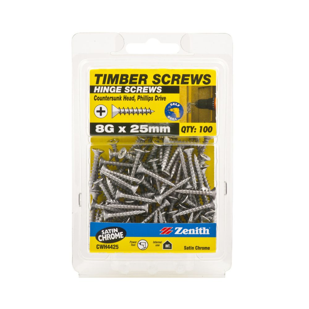Zenith Hinge Screws Countersink Phillips Head  - Satin Chrome Plated 8gx25mm 100 Pack