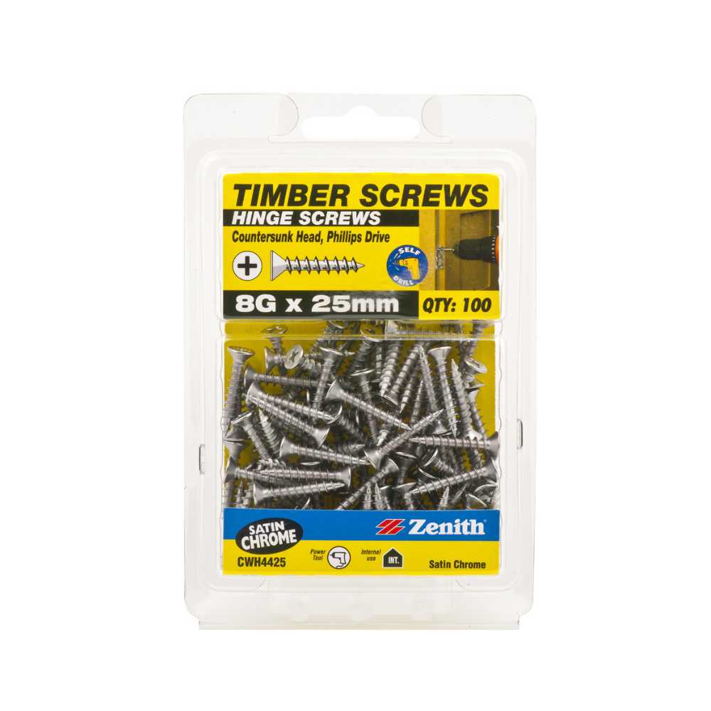 Zenith Satin Chrome Timber Hinge Screws  8g x 25mm - Pack of 100