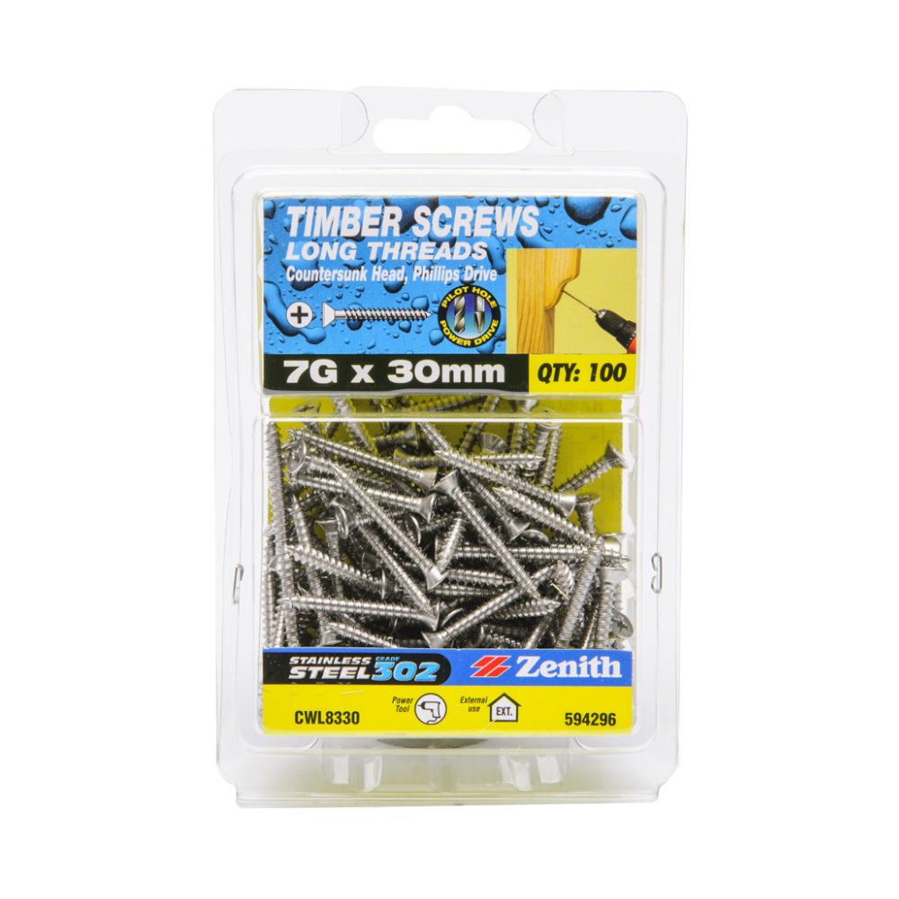 Zenith Hinge-Long Thread Screw - 7gx30m Countersunk Phillips Head SS 304 - 100 Pack