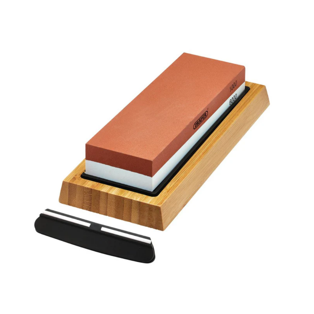 Draper Tools Double Sided Whetstone Sharpening Stone with Non-Slip Base and Angle Guide 1000/6000 Grit