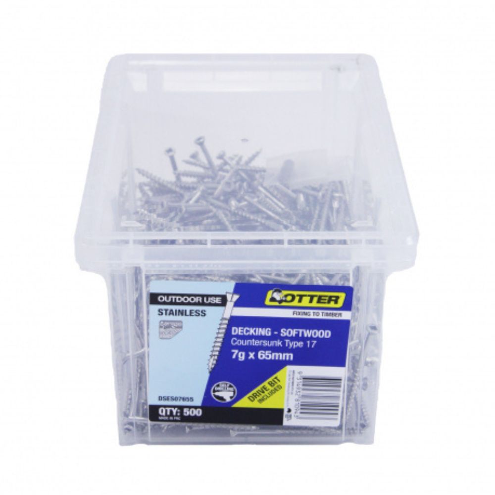 Otter Decking Screws Softwood, Stainless Steel 316 7gx65mm - 500 Tub