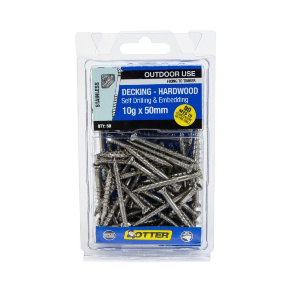 Otter Decking Screws Hardwood Self Drilling Embedding, 10g x 50mm - Stainless Steel 316