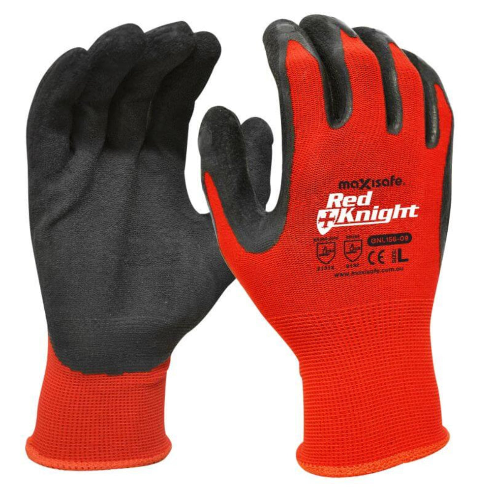 Pair of red and black gloves with 'Red Knight' branding on a white background