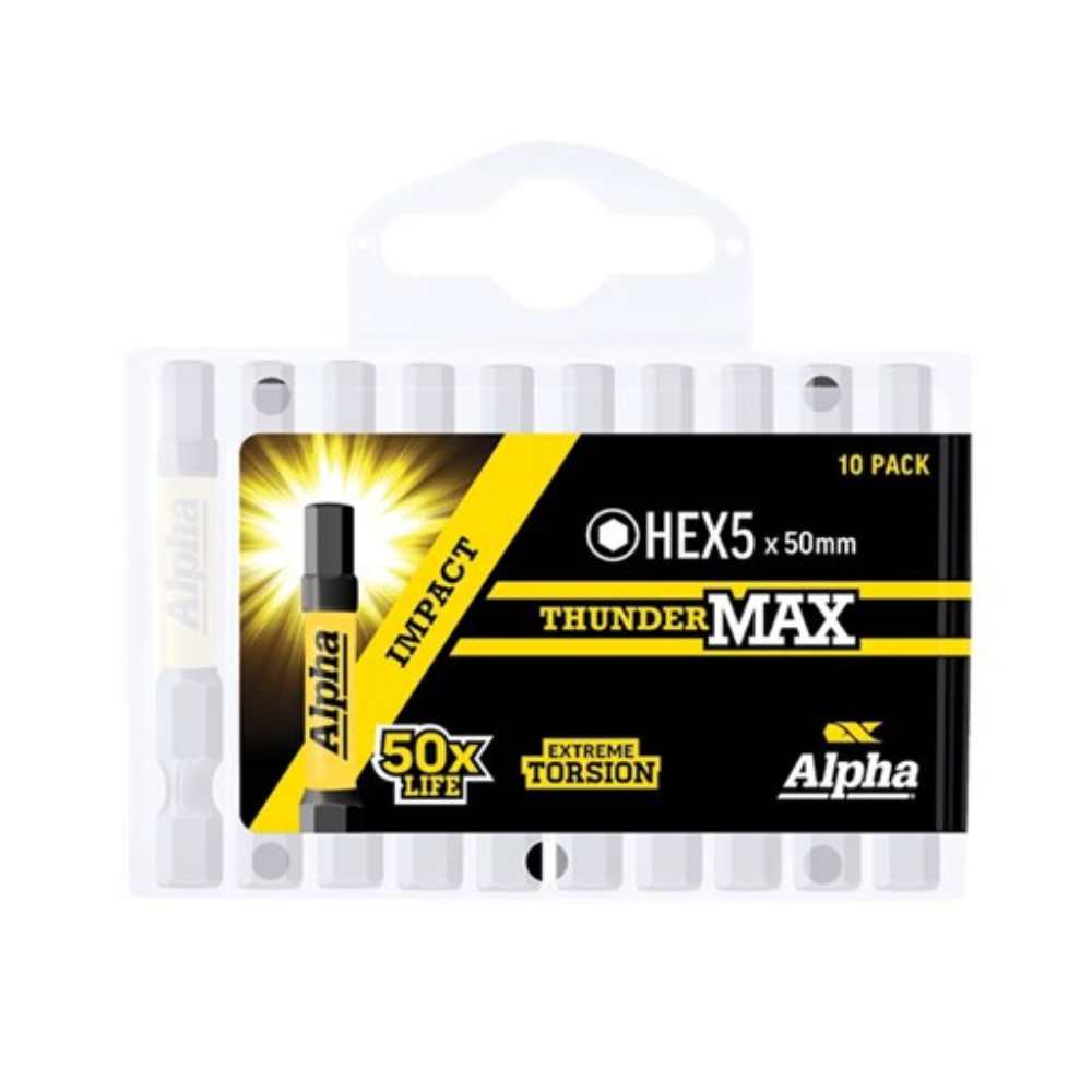 Alpha ThunderMax HEX5 x 50mm Impact Power Bit Handipack (x10)