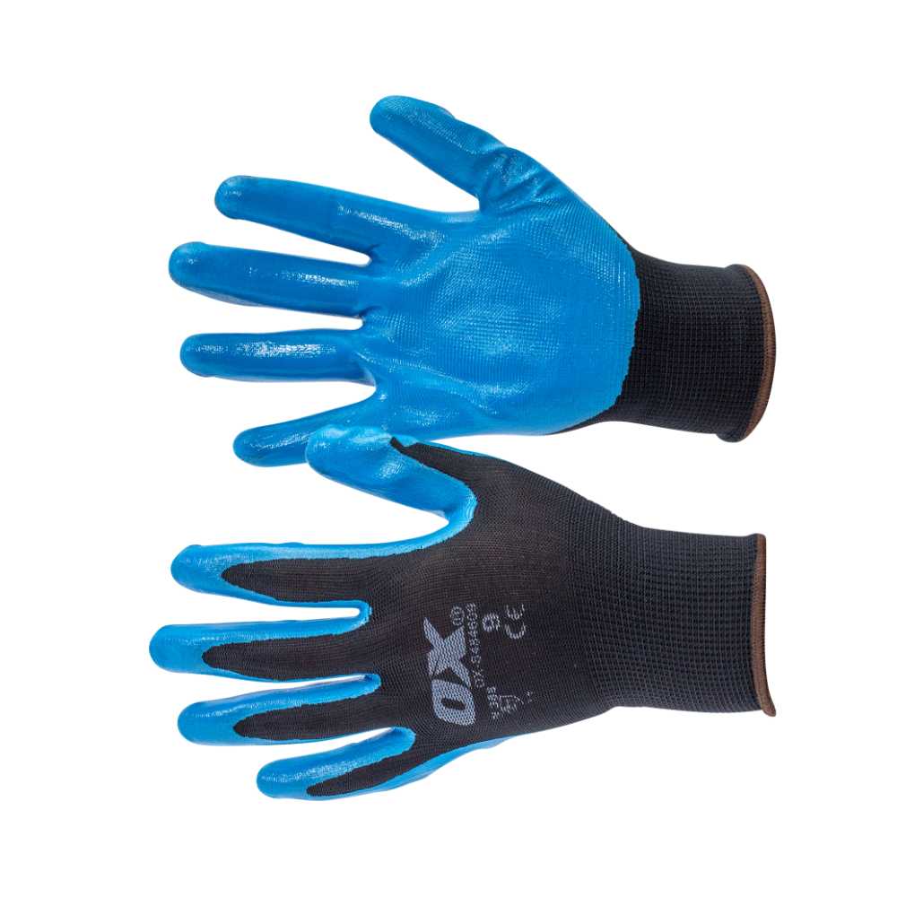 OX Safety Polyester Lined Nitrile Glove 5 pack – Size 9/L