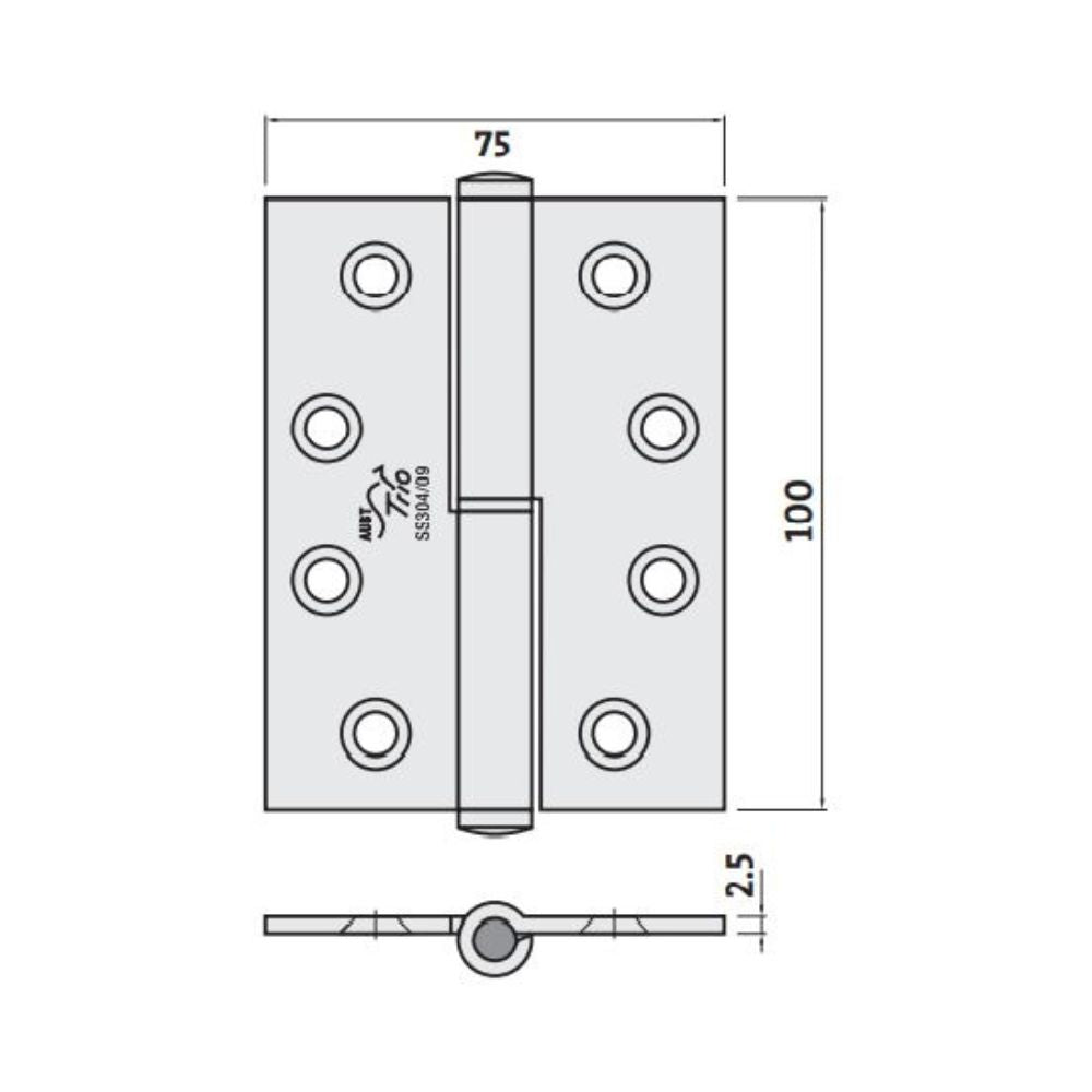 Trio Lift Off Satin Stainless Steel Butt Hinges 100 x 75 x 2.5mm