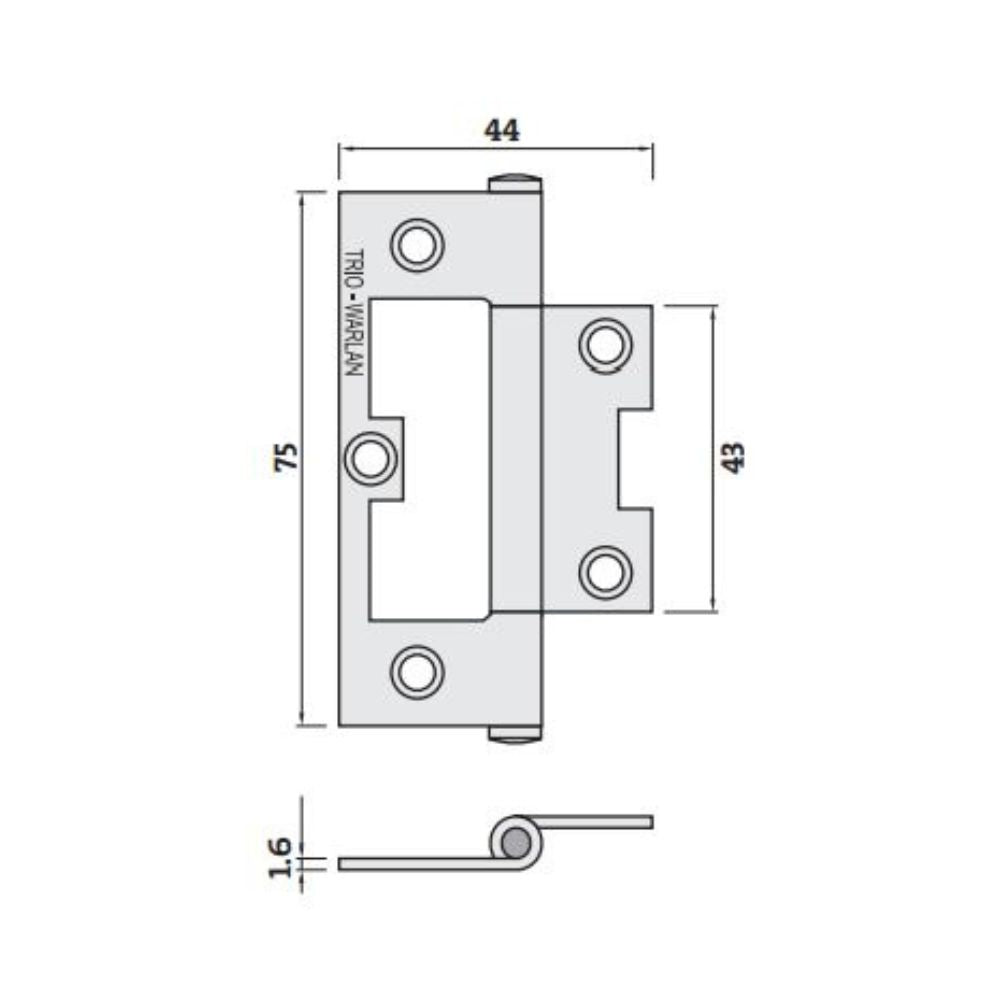 Trio Hirline Flat Hinge 75 x 44 x 1.6mm BT Fixed Pin