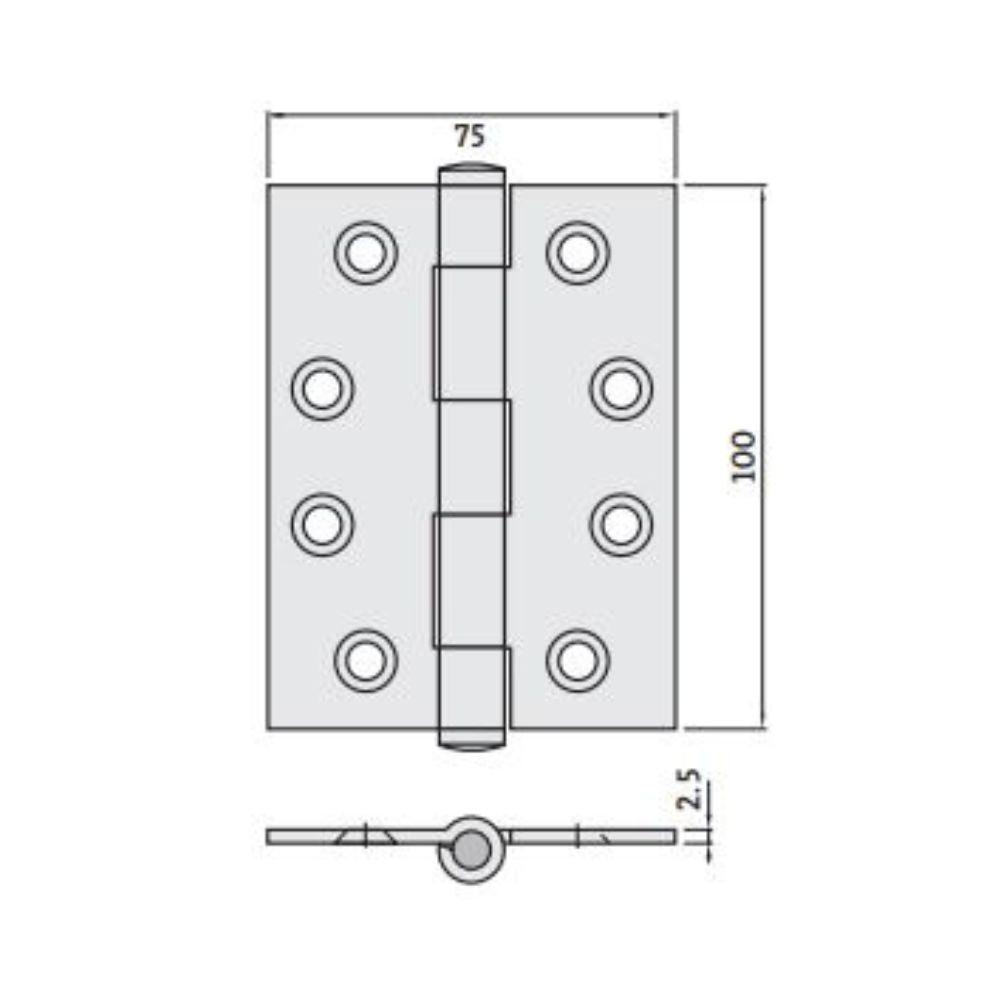 Trio Butt Hinge 100 x 75 x 2.5 BT Fixed Pin Satin Chrome
