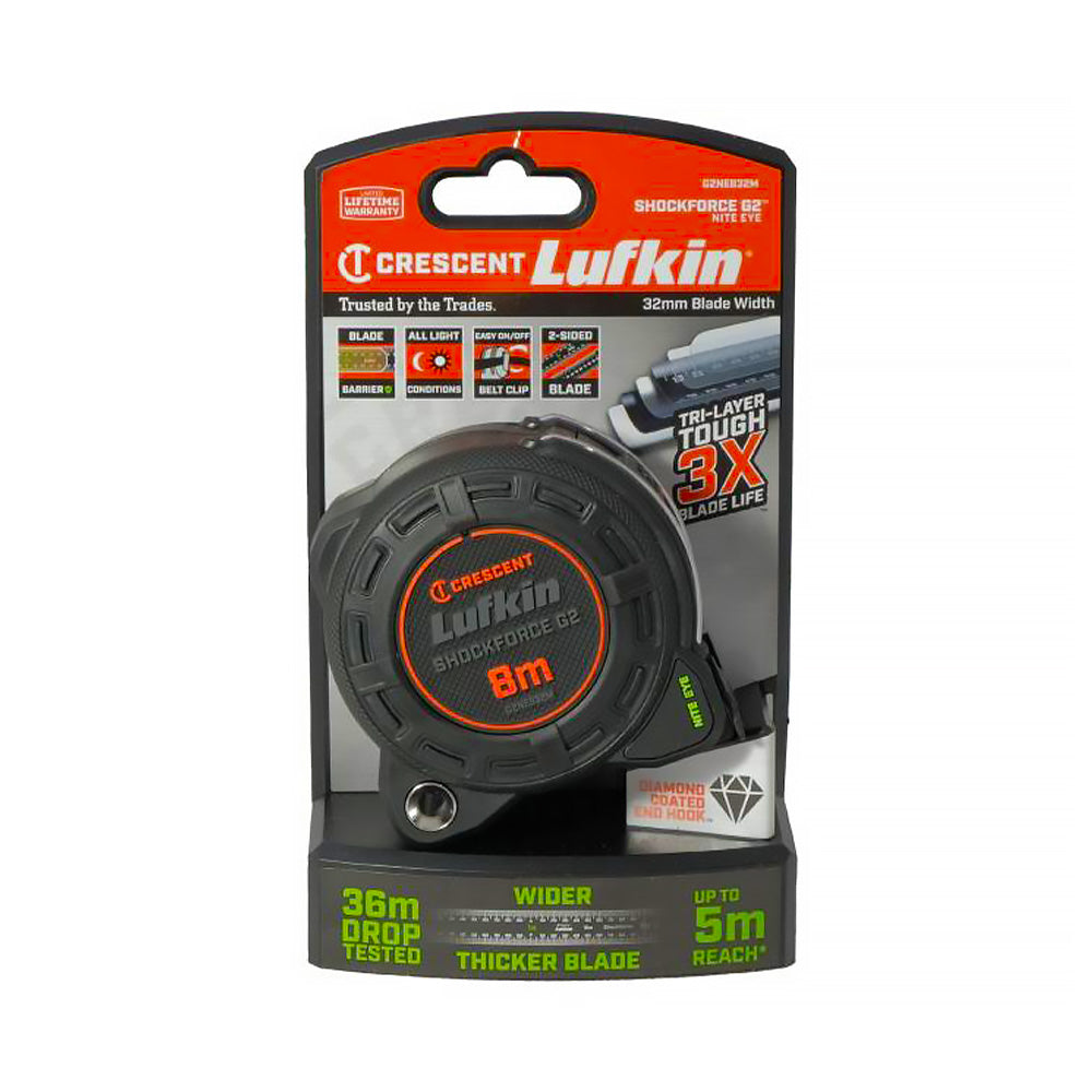 CRESCENT Lufkin Tape Measure Gen 2 Shockforce Nite Eye™ 8m x 32mm Black Blade