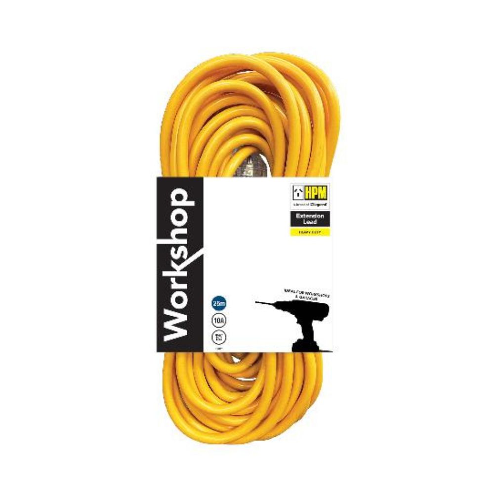 HPM Workshop 10A 3 Core 1.0mm² Extension Lead 10m &amp; 25m Yellow
