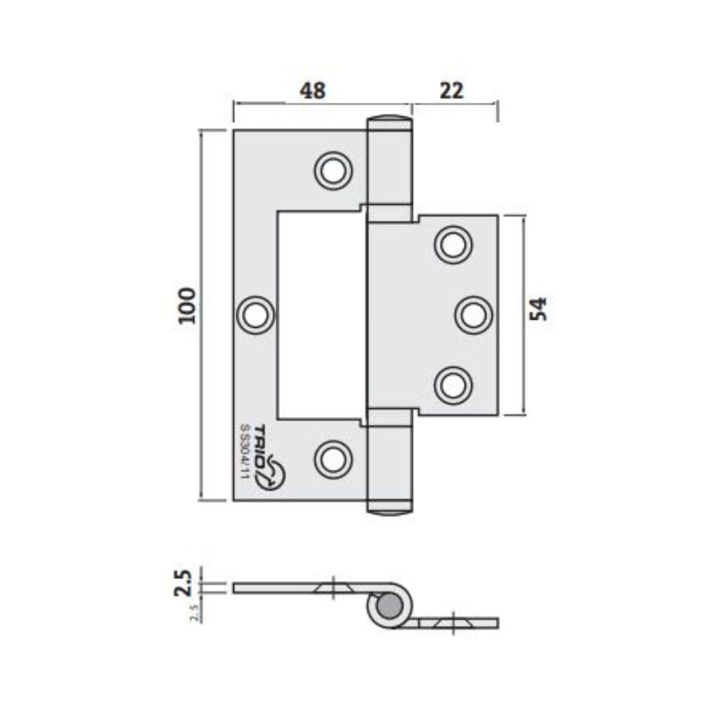 Trio Hinges Non Mort Stainless Steel Flat Fixed Pin 100x70x2.5mm
