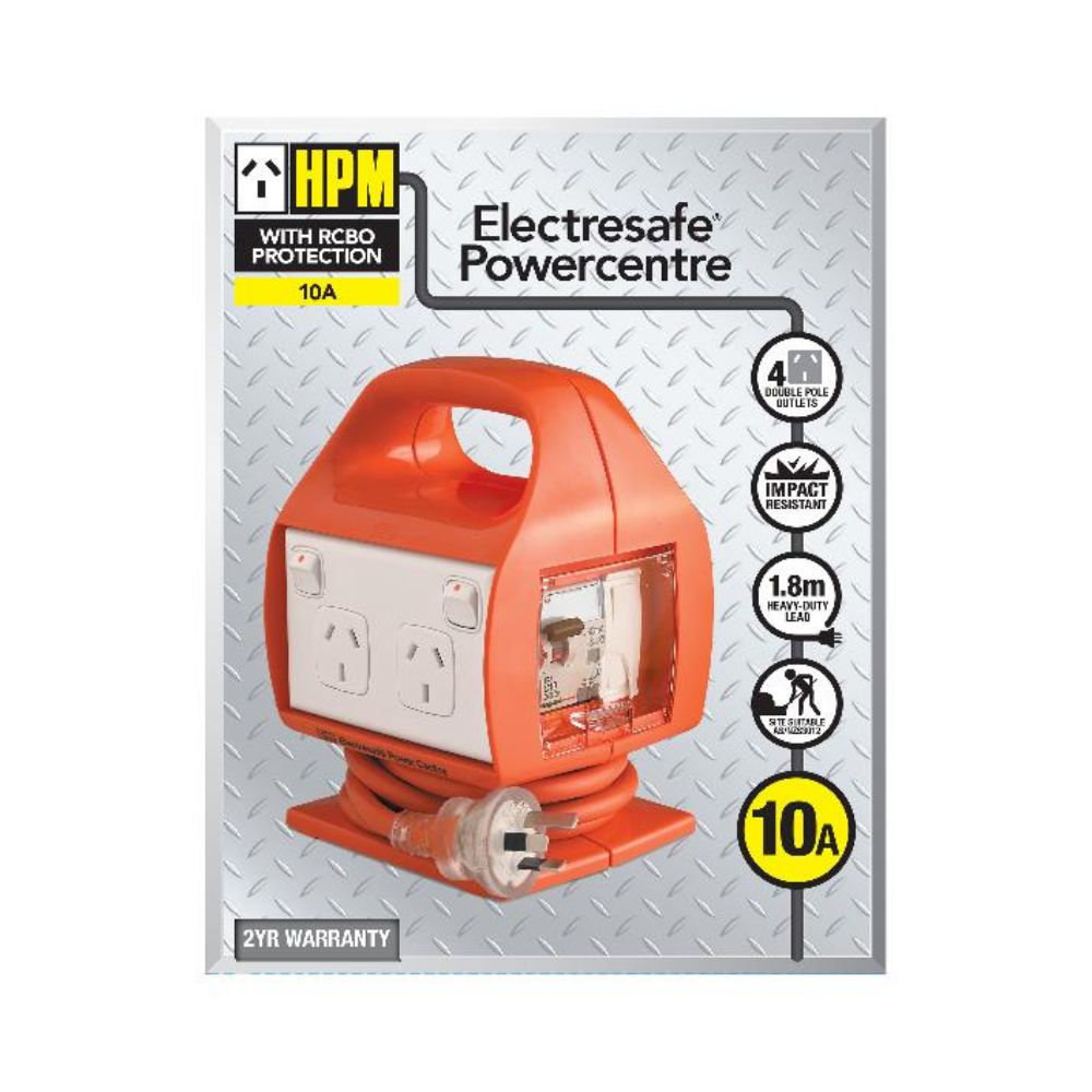 HPM Electrosafe 4 Outlet 10A Portable Powercentre with RCBO Protection Orange