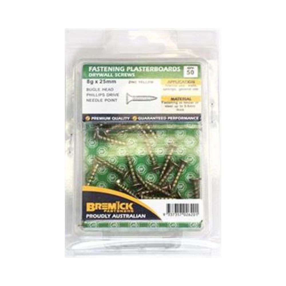 Bremick Screws Plasterboard Zinc Plated Needle Point - 8g, 25mm, 30mm &amp; 40mm 50 Pack