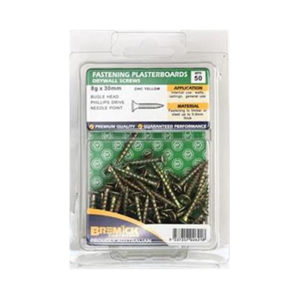 Bremick Screws Plasterboard Zinc Plated Needle Point - 8g, 25mm, 30mm & 40mm 50 Pack
