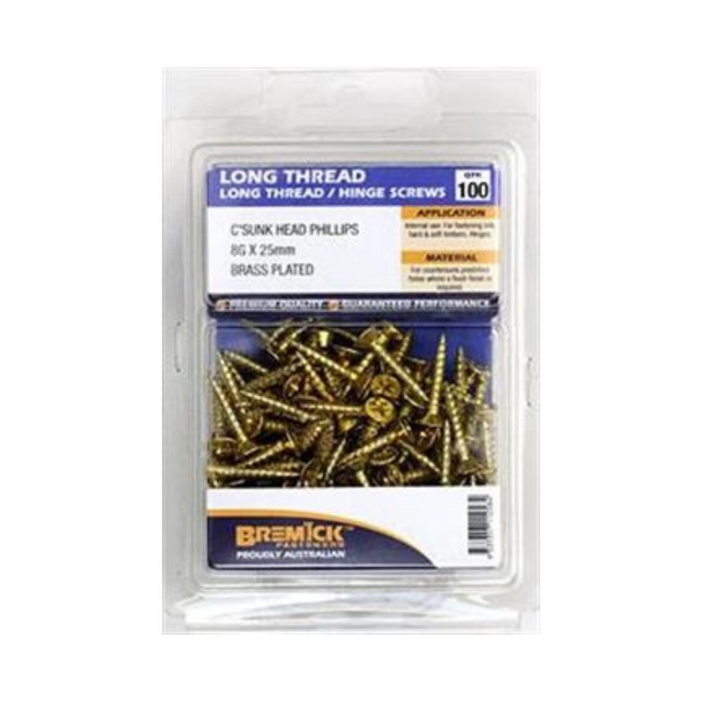 Screw Long Thread Hinge Brass Plated 8g X 25 100Pack