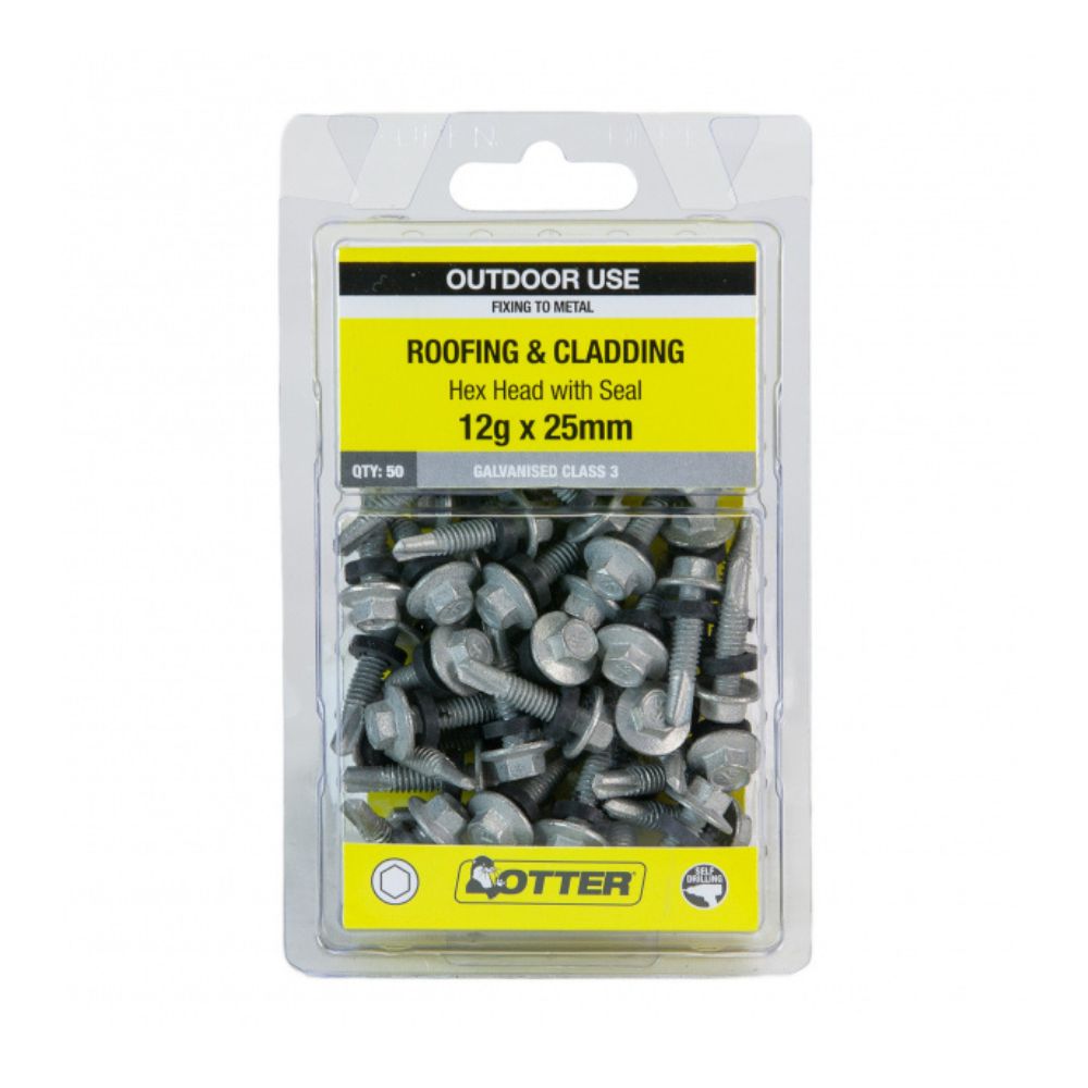 Otter Roofing/Cladding Screws Hex Head with Seal Self Drilling, Class 3,12gx25mm - 50 Pack