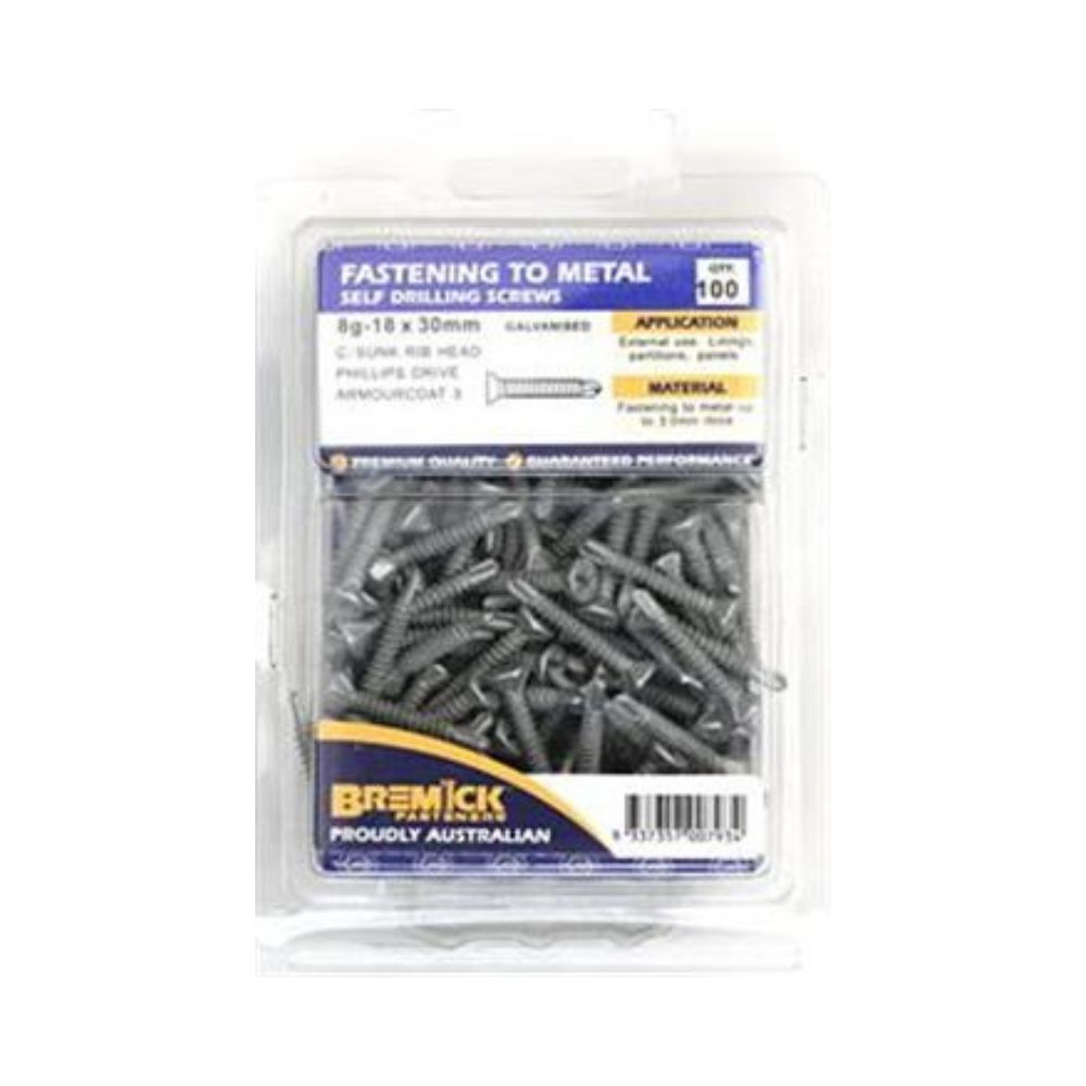 Screw Countersunk Rib Metal C3 8g - 20mm & 30mm 100 Pack