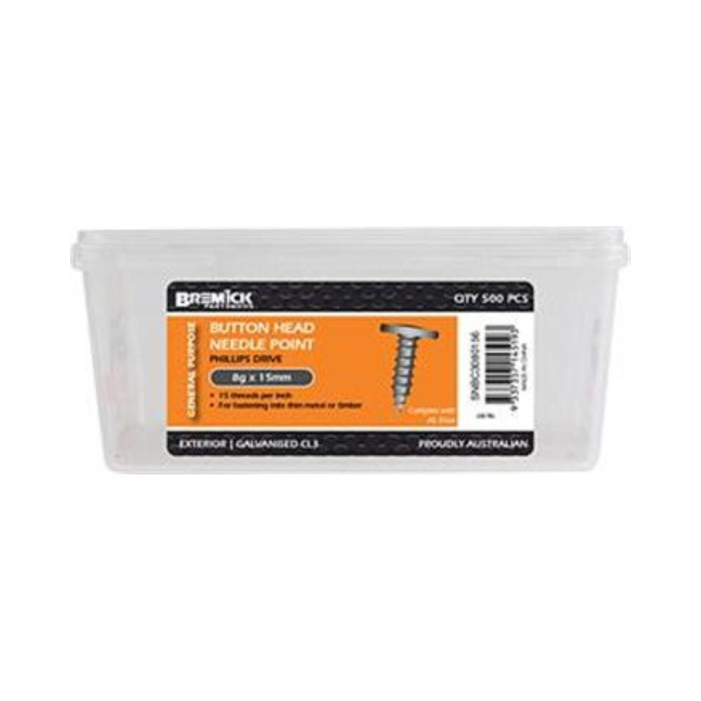 Bremick Screw Button Head Needle Point Galvanised C3 8g (Various Sizes)