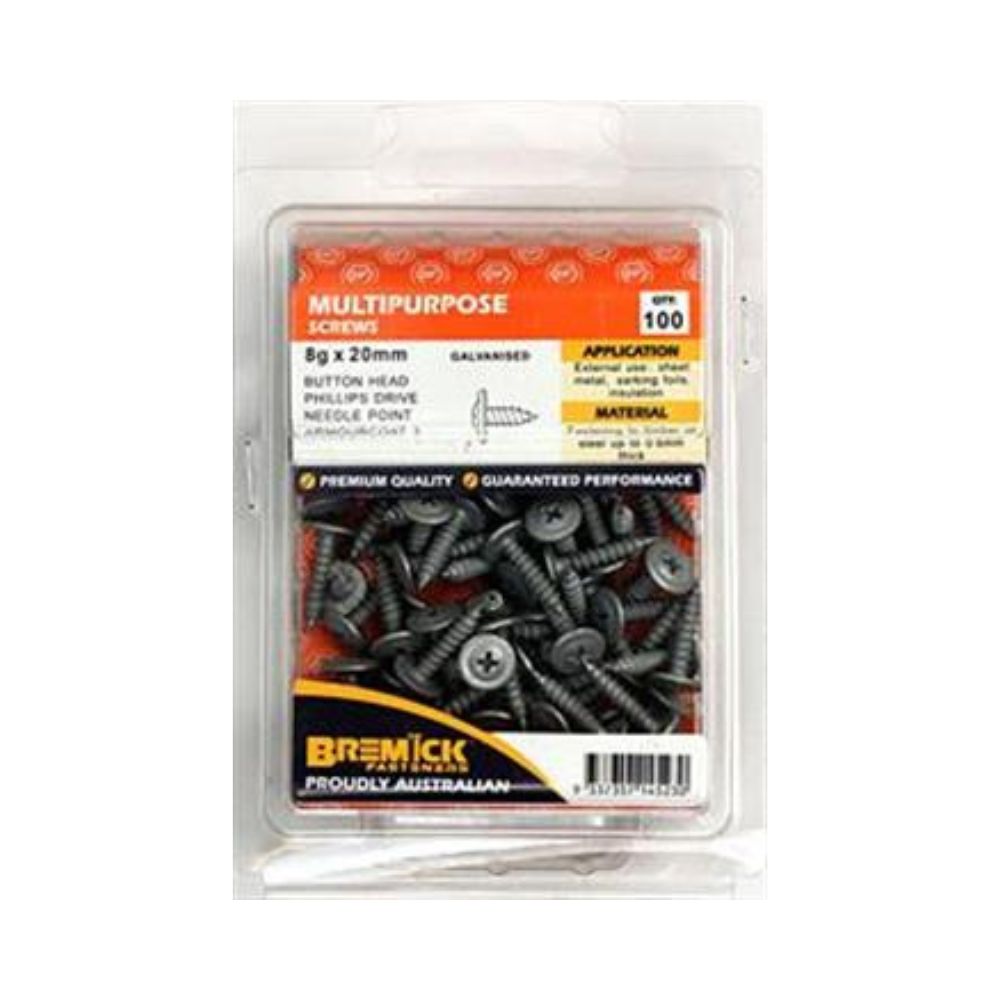 Bremick Screw Button Head Needle Point Galvanised C3 8g (Various Sizes)