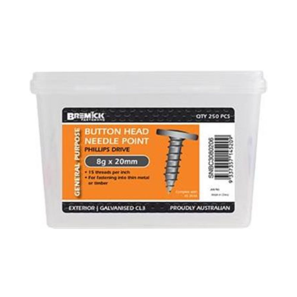 Bremick Screw Button Head Needle Point Galvanised C3 8g (Various Sizes)