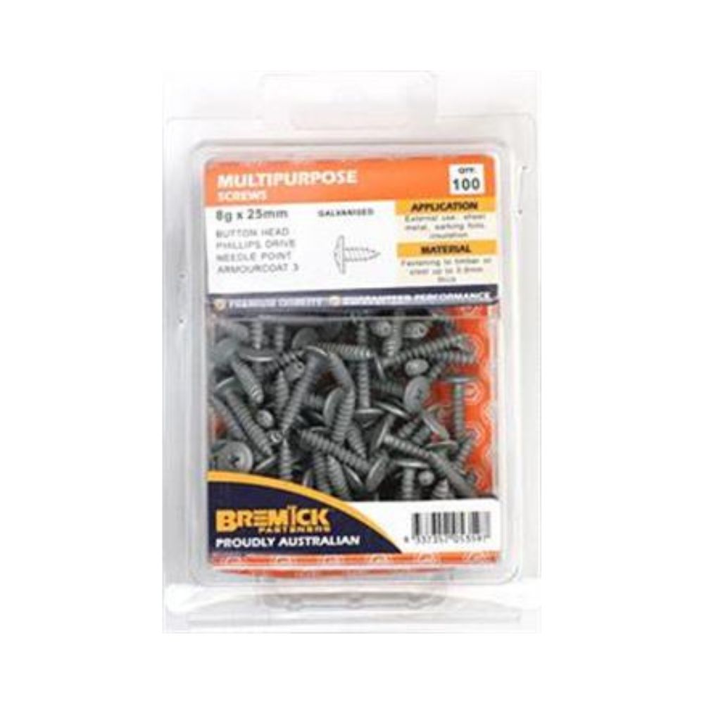 Bremick Screw Button Head Needle Point Galvanised C3 8g (Various Sizes)