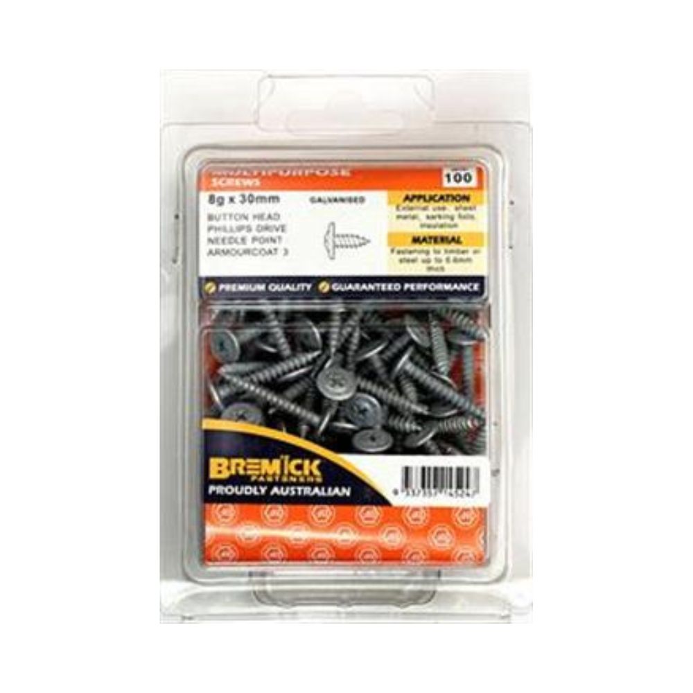 Bremick Screw Button Head Needle Point Galvanised C3 8g (Various Sizes)