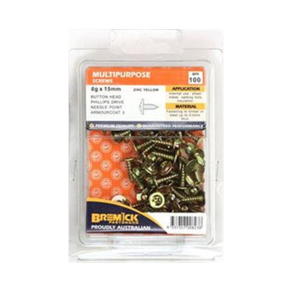 Bremick Screw Button Head Needle Point Zinc Plated 8g - 15mm, 25mm, 30mm - 100 Pack