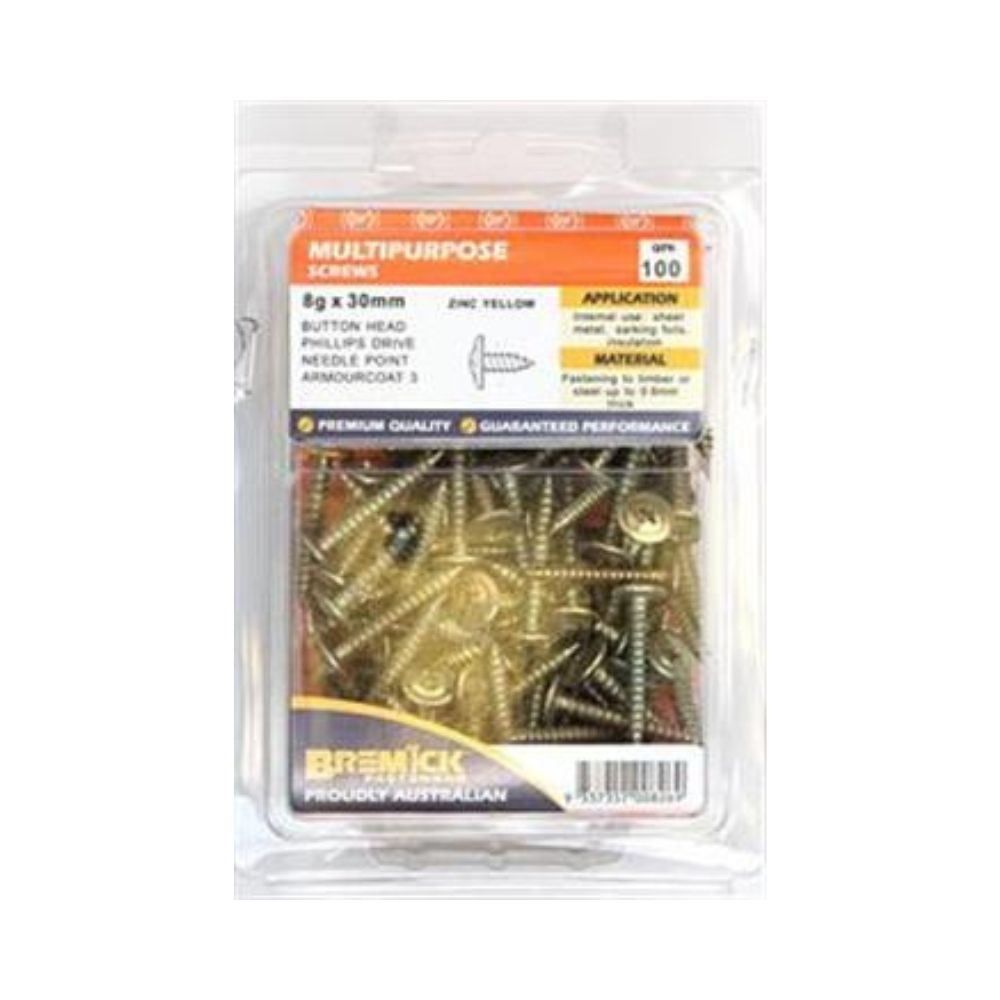 Bremick Screw Button Head Needle Point Zinc Plated 8g - 15mm, 25mm, 30mm - 100 Pack