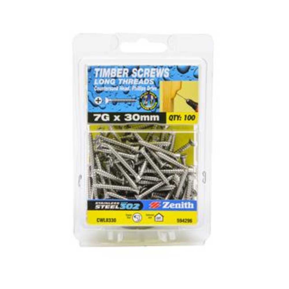 Zenith Timber Screws Countersunk Long Thread Stainless Steel 7G x 30mm Box of 100