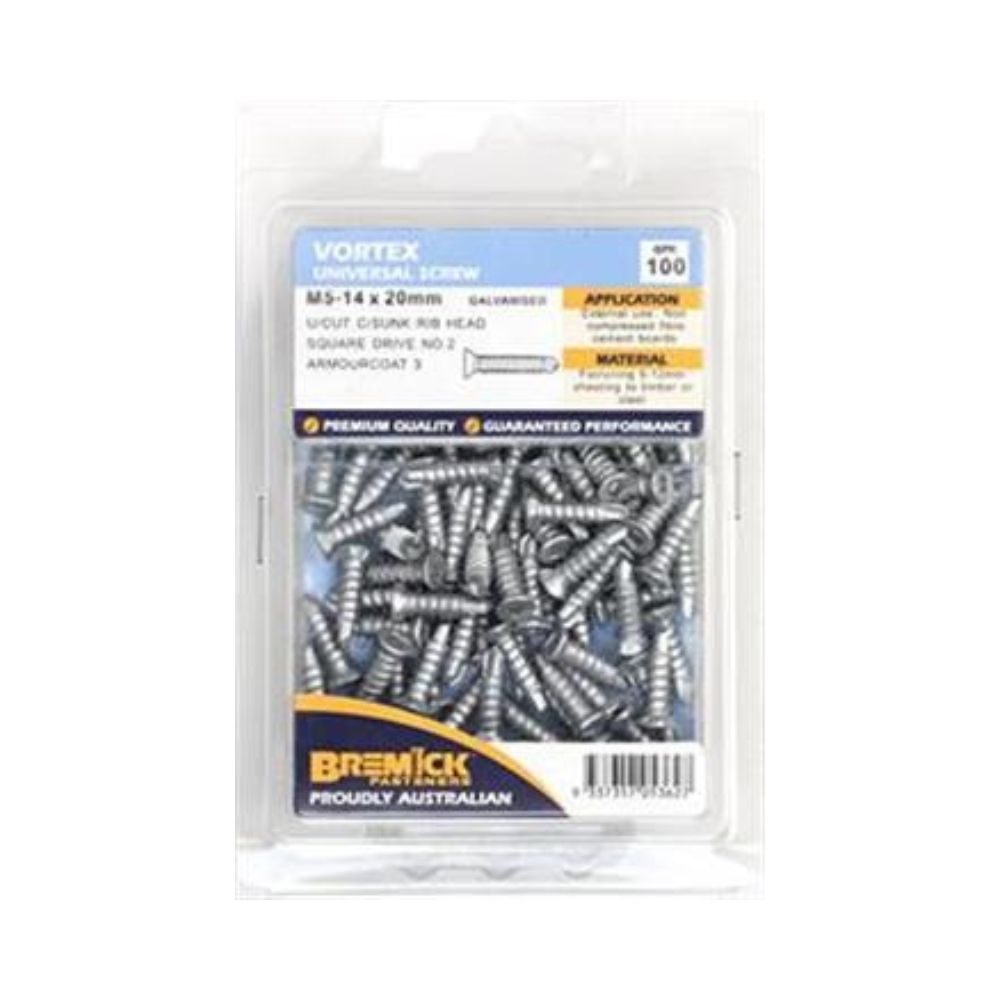 Screw Vortex Class 3 Countersunk Ribbed M5 x 20 100Pack